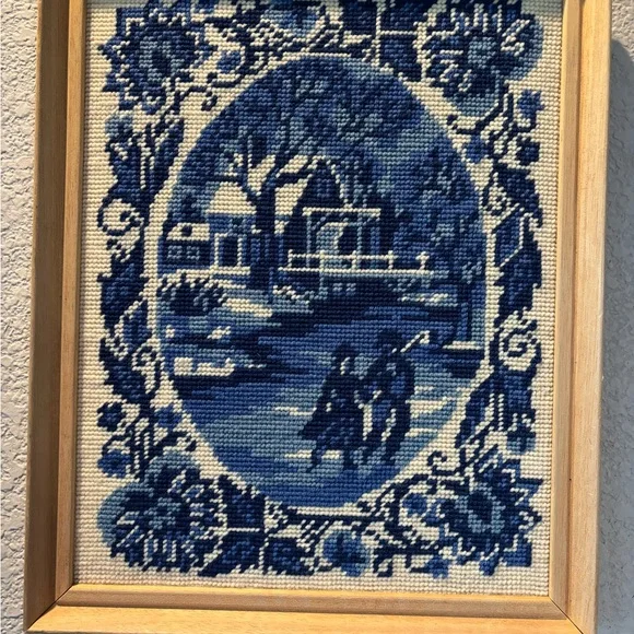 Vintage Blue Cross-Stitch Scenic Winter Art in Wooden Frame - Picture 2 of 16